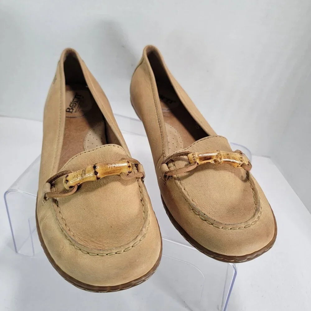 Born Womens Beige Leather Bamboo Bit Loafers Size 9 Coastal Grandma Driving Shoe